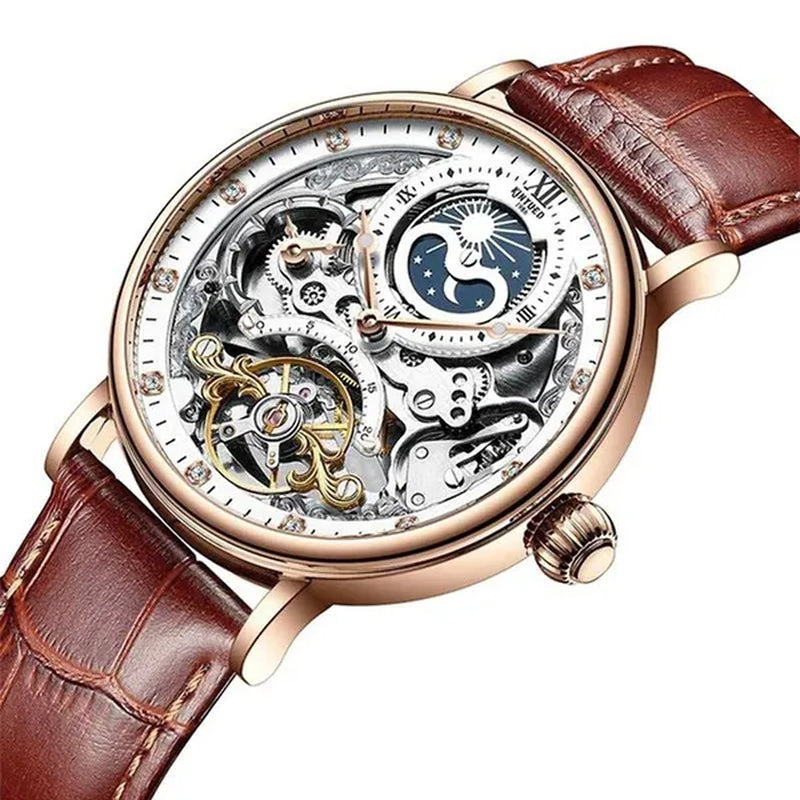 KINYUED Mechanical Automatic Watch Men Tourbillon Wristwatch Sports Clock Mechanism Self Winding Watches Casual Moon Horloge Man Watches