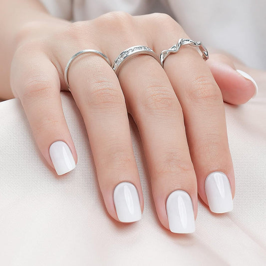 White Press on Nails Short,  Square Solid Color Fake Nails with Glue, Reusable & Natural Acrylic False Nails Stick on Nails for Women Girls Gift, Gel Nail Kit, 24Pcs
