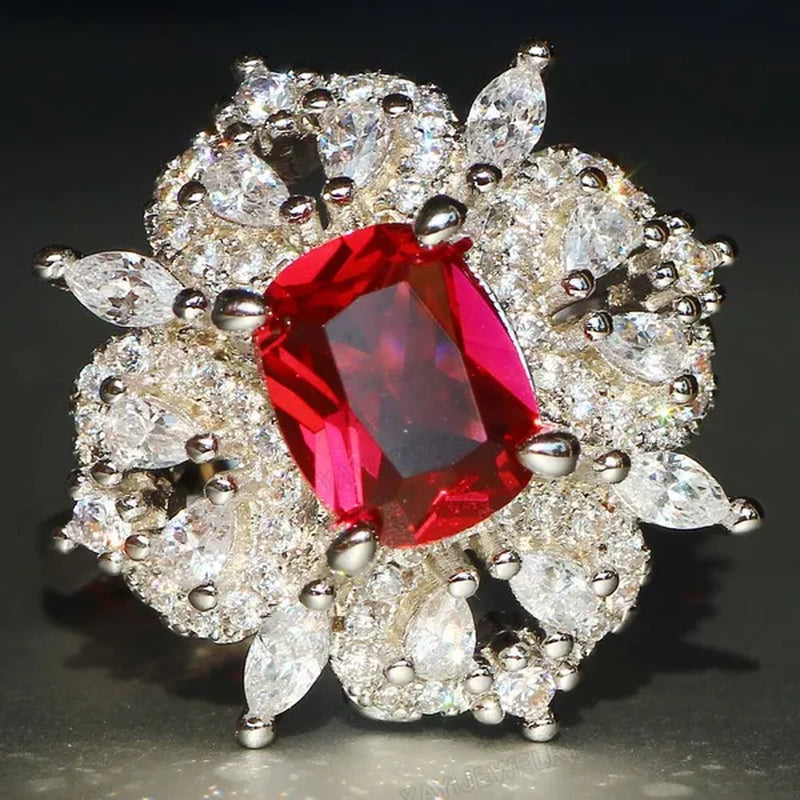 Gorgeous Silver Natural Gemstones White Sapphire & Ruby Ring Wedding Birthstone Bride Engagement Multilevel Square Ring Jewelry Size 6 7 8 9 10