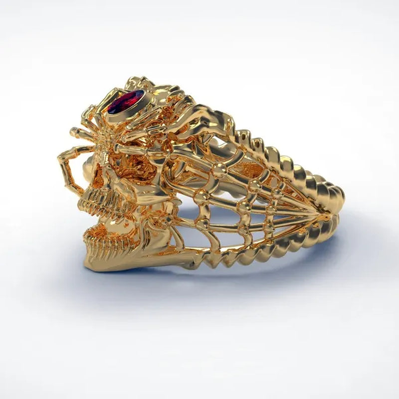 Retro Personality Two-Tone Stainless Steel Spider Skull Ring Ruby Inlay Men'S Punk Jewelry