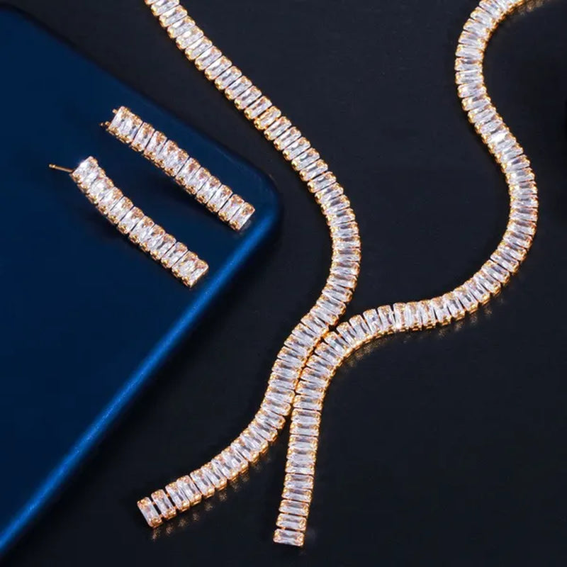 Gloriya Gorgeous Crystal Long Pendant Necklace Earrings Setting Yellow Gold Plated CZ Stone Ethiopian Indian Jewelry Set