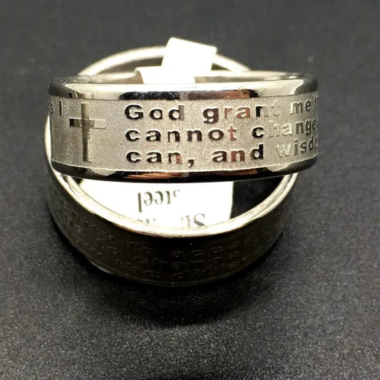 Newest Etch Christian Serenity Prayer Cross Stainless Steel Ring Silver Fashion Jewelry Band Ring Size 8 to 12 for Man Women God001