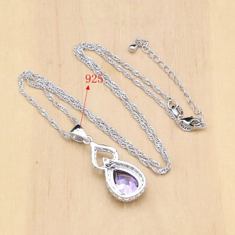 Natural Silver 925 Jewelry Purple Amethyst Jewelry Set For Women Earrings/Pendant/Necklace/Open Rings/Bracelet