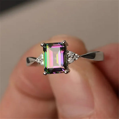 Junxin 925 Sterling Silver Rainbow Topaz Aquamarine Blue Sapphire Wedding Ring Women Fashion Jewelry Size 6 7 8 9 10
