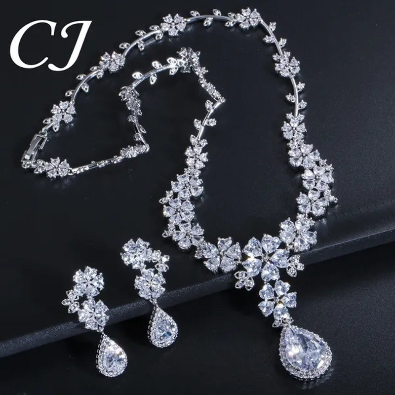 CANDICE High Quality Platinum Plating Wedding Party Costume Luxury CZ Stone Jewelry Flower Pendant Earrings Necklace Bridal Sets With Tear Drop Zirconia