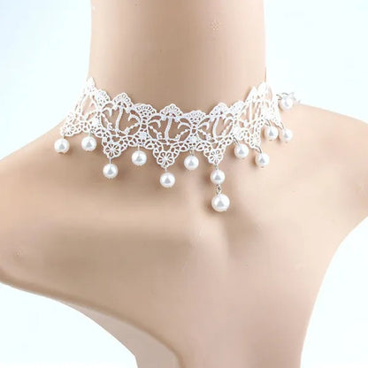 White Lace Necklace Chokers Black Collares Vintage Style Female Gothic Wedding Red Rose Crystal Diamond Pendant Collarbone Necklaces Chain Accessories for Women Girls