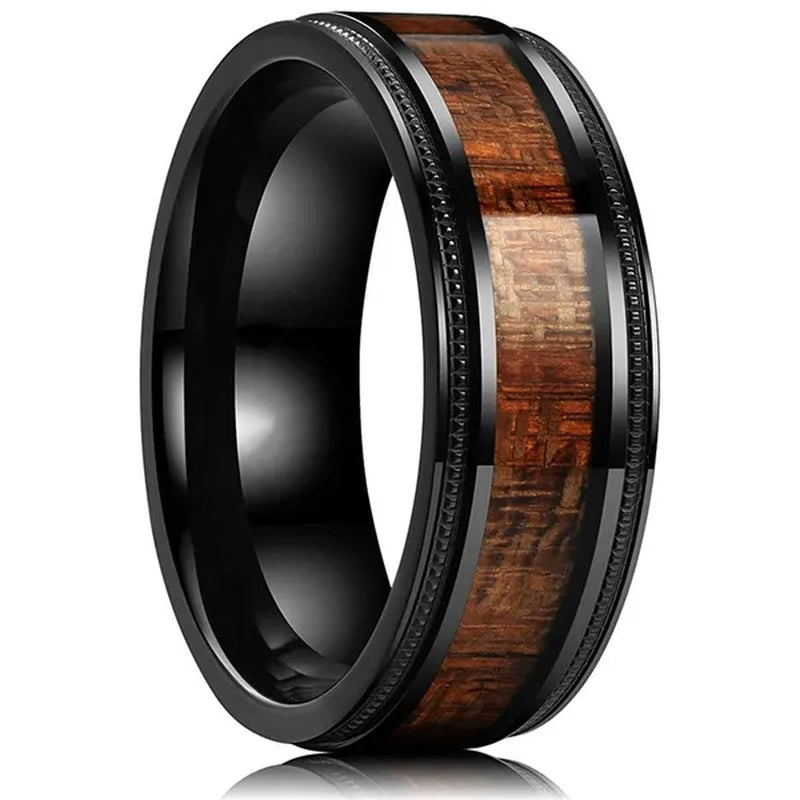 Luxury Jewelry Accessories Plus Size Mens Ring 8mm 316L Stainless Steel Wedding Ring Inlay Koa Wood Sawtooth Edge Titanium Steel Rings for Men - WORLD TIME VISITS