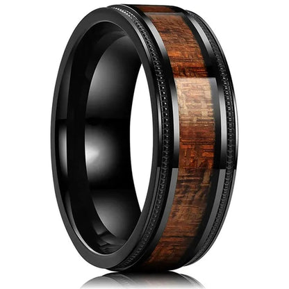 Luxury Jewelry Accessories Plus Size Mens Ring 8mm 316L Stainless Steel Wedding Ring Inlay Koa Wood Sawtooth Edge Titanium Steel Rings for Men - WORLD TIME VISITS