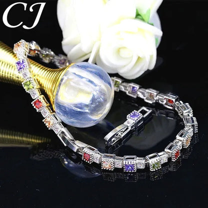 CANDICE Brilliant Square Multicolor Cubic Zirconia Crystal Pave Sterling Silver Plated Fashion Tennis Bracelet for Women Summer Jewelry