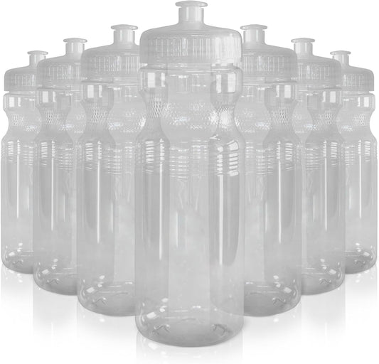 24 Oz. Bulk Water Bottles, 10 Pack, Made in USA, Blank Plastic Reusable Water Bottles for Gym, Cycling, BPA Free, Plastic Water Bottles Pull Top Cap for Sports, Clear