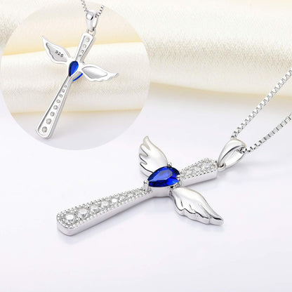 Cross Necklace 925 Sterling Silver Angel Wings Pendant Teardrop Birthstone Criss Jewelry for Women