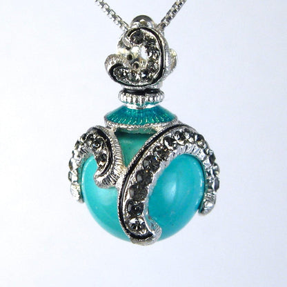 Sterling Silver Necklace Turquoise Pendant Black Diamond Crystals Enamel 24 Inch Chain