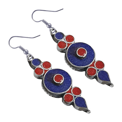 Handmade Drop Earring for Women, Coral Lapis Lazuli Gemstone Earrings, Ethnic Designer Silver Plated Fashion Jewelry for Gifts