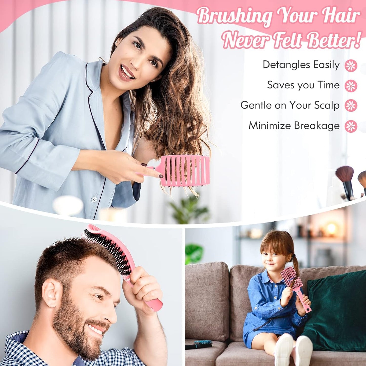 Hair Brush, Detangling Hairbrush Boar Bristle Curved Vented Hair Brush for Women Men Kids Curly Thick Long Short Wet or Dry Hair, Faster Blow Drying(2Pack, Black&Pink)