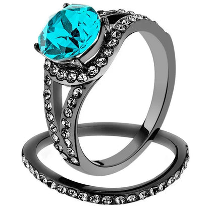 2.39 Ct Blue Zircon Crystal Gray Stainless Steel Wedding Ring Set Women's Size 5-10