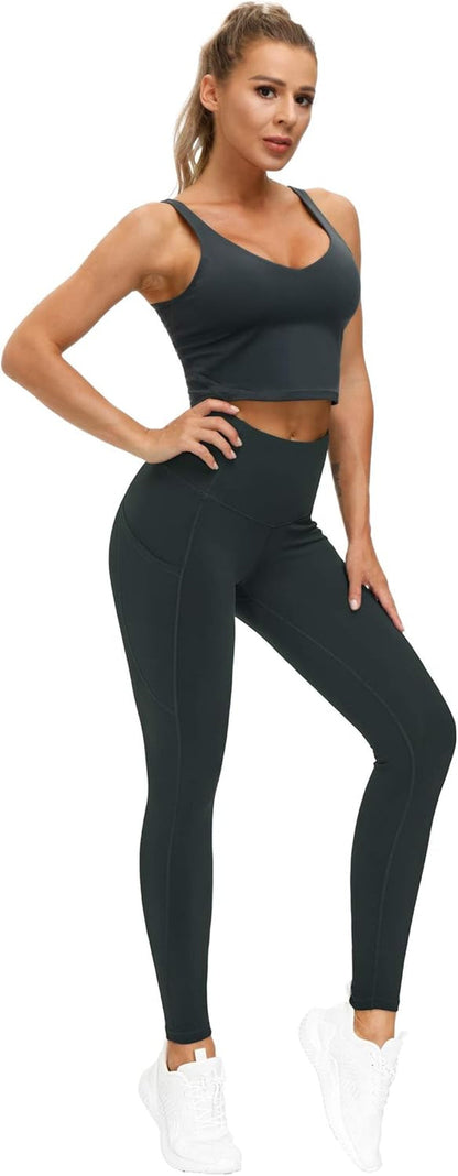 Thick High Waist Yoga Pants with Pockets, Tummy Control Workout Running Yoga Leggings for Women
