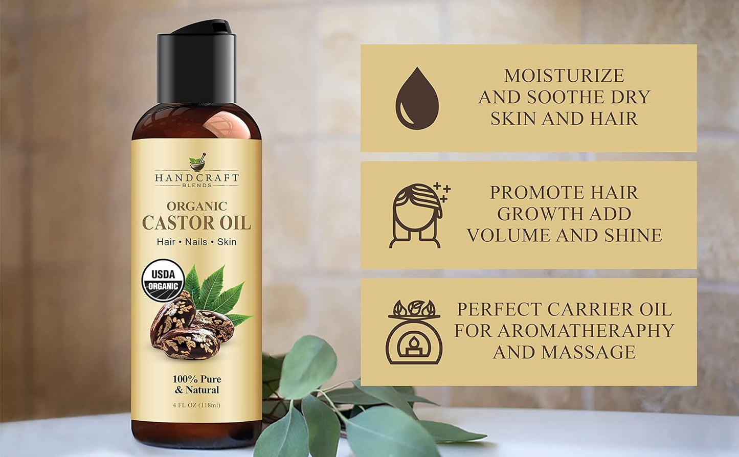 Organic Castor Oil - 4 Fl Oz - 100% Pure and Natural - Premium Grade Carrier Oil for Hair Growth, Eyelashes and Eyebrows - Hair and Body - Expeller-Pressed & Hexane-Free
