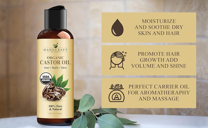 Organic Castor Oil - 4 Fl Oz - 100% Pure and Natural - Premium Grade Carrier Oil for Hair Growth, Eyelashes and Eyebrows - Hair and Body - Expeller-Pressed & Hexane-Free