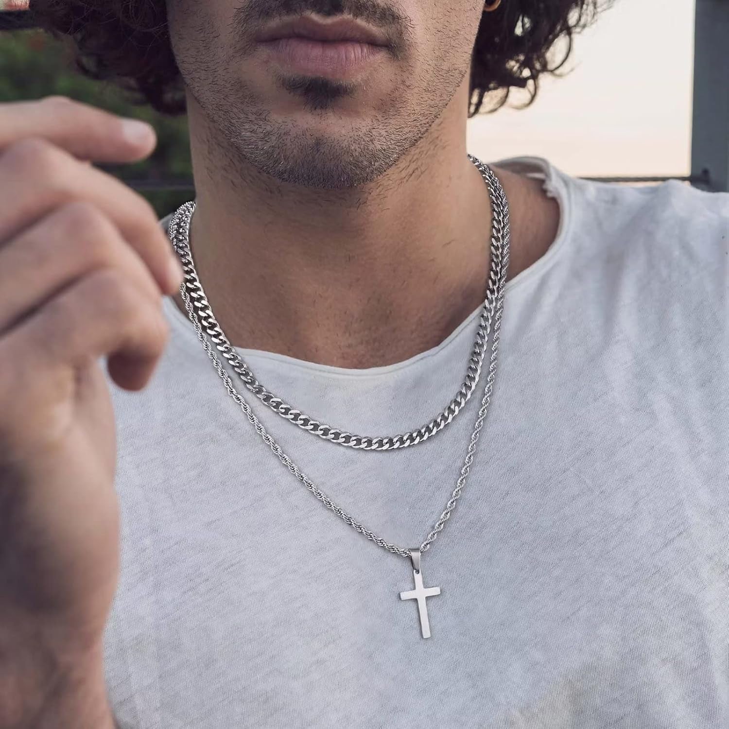 Valentines Gifts for Him - 18K Gold Plated Cross Necklaces Chain for Men Boys Gifts, Silver Rope Chain Layered Necklace Jewelry 16 18 20 22 24 Inch - WORLD TIME VISITS