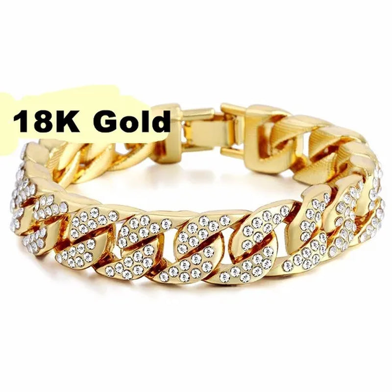 24K Gold / 18K Gold / 925 Silver Mens Womens Fashion Gifts Chain Hiphop Iced Out Curb Cuban Diamond Plated Bracelet Paved Clear Rhinestones