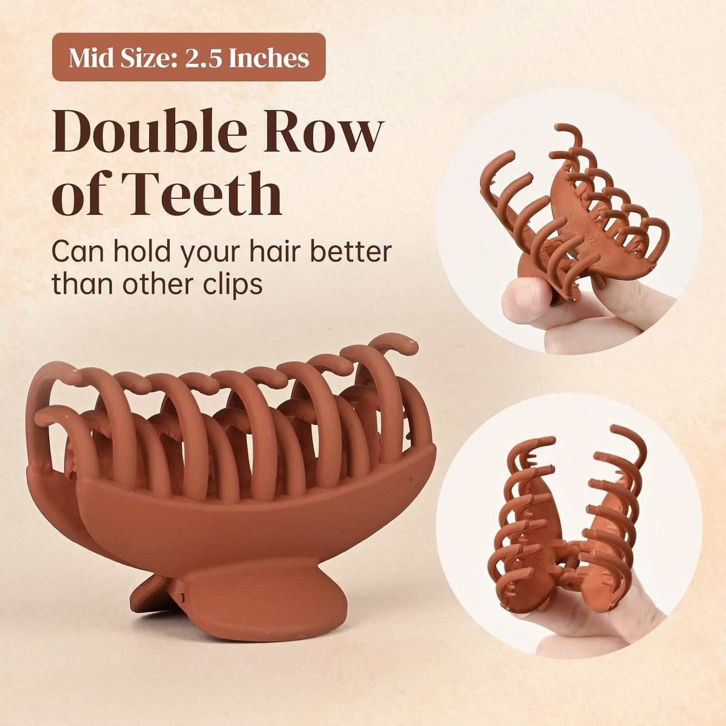 4 PCS Double Row Teeth Hair Claw Clips 2.5" Medium Hair Clips for Thin Hair Small Matte Clips Short Fine Hair Accessories for Women and Girls -Black Brown