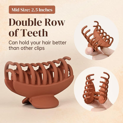 4 PCS Double Row Teeth Hair Claw Clips 2.5" Medium Hair Clips for Thin Hair Small Matte Clips Short Fine Hair Accessories for Women and Girls -Black Brown