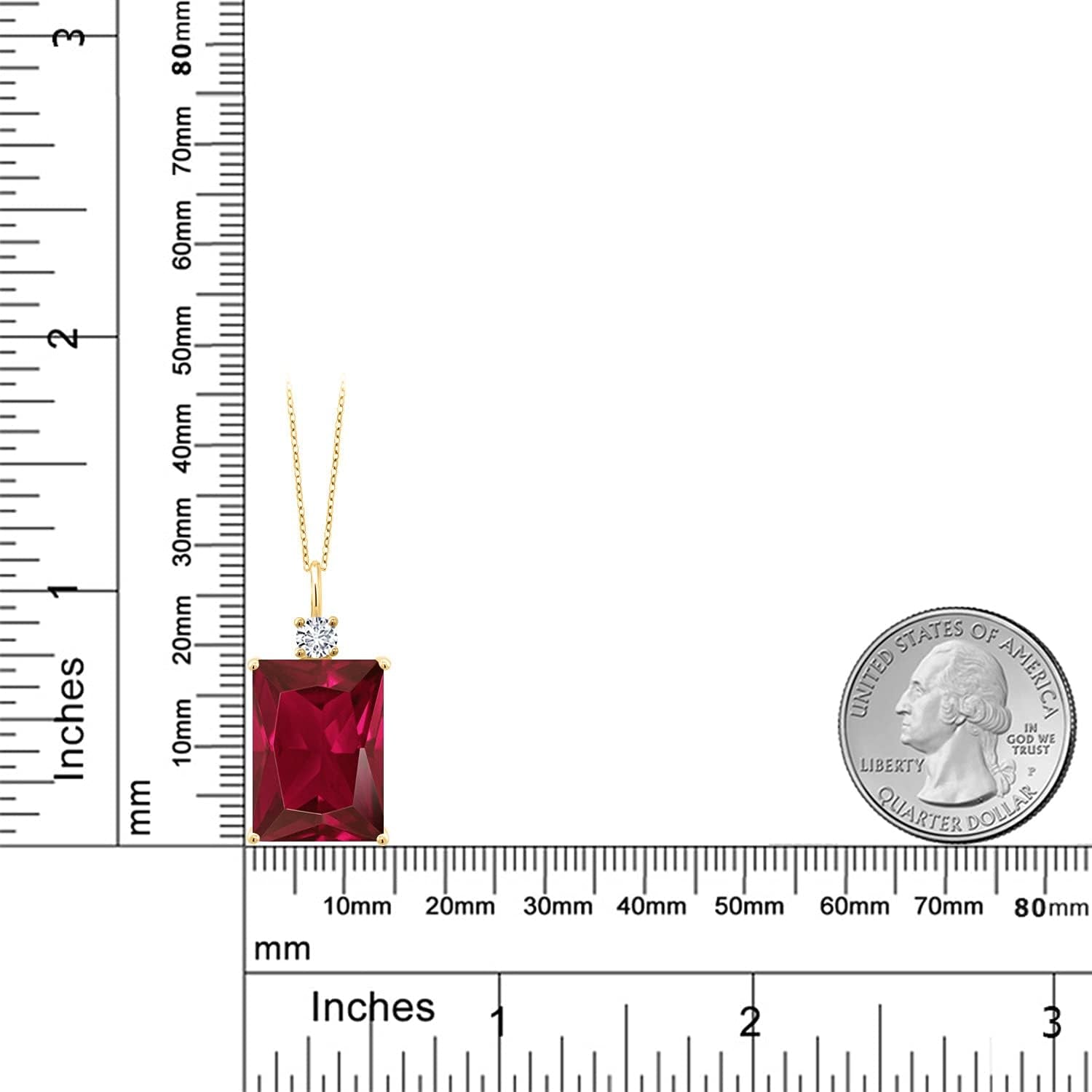 18K Yellow Gold Plated Silver Red Created Ruby and White Lab Grown Diamond Pendant Necklace for Women (20.27 Cttw, Emerald Cut 18X13MM, with 18 Inch Silver Chain) - WORLD TIME VISITS
