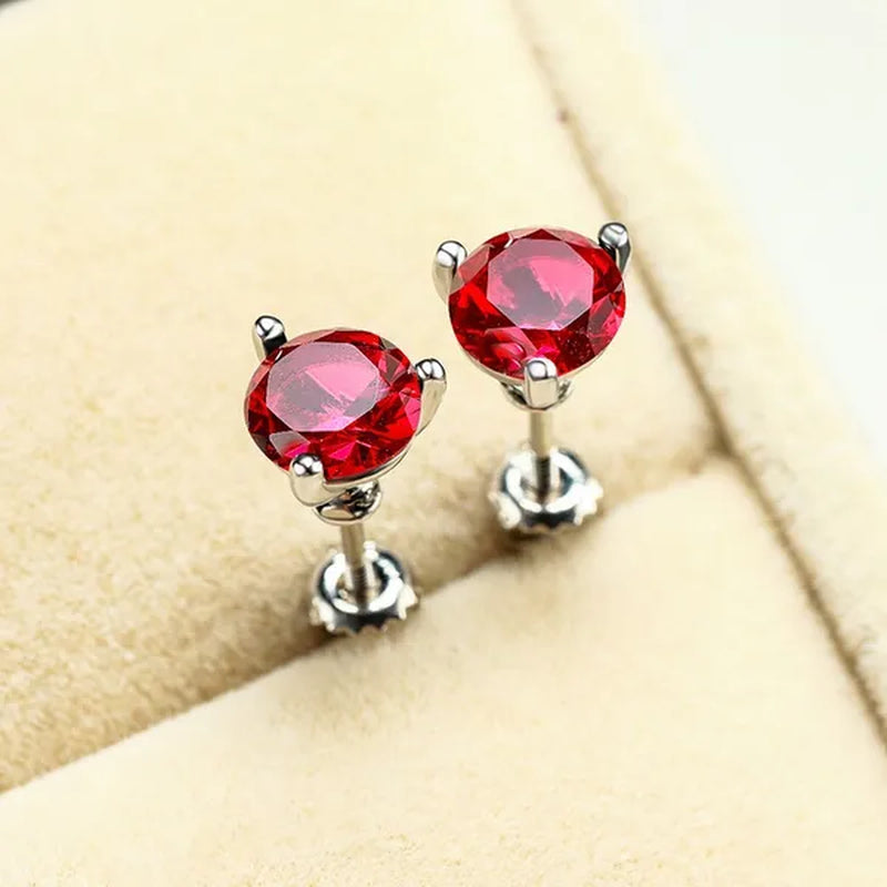 Exquisite Fashion Women Love Princess 925 Silver Round Cut Ruby Garnet Three Prong Stud Earrings for Women Bridal Wedding Jewelry Gifts