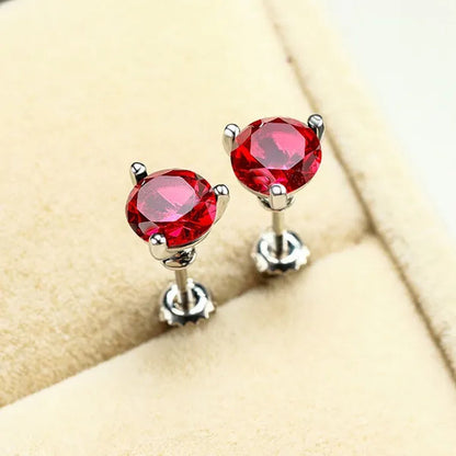 Exquisite Fashion Women Love Princess 925 Silver Round Cut Ruby Garnet Three Prong Stud Earrings for Women Bridal Wedding Jewelry Gifts