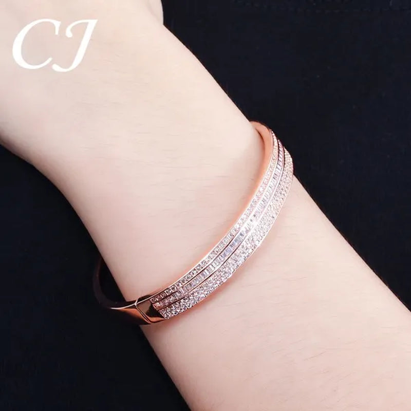 CANDICE New Fashion Simple Unisex Open Bangle Setting Sparkling CZ Stone Rose Gold & White Gold Plated Cuff Bracelet Jewelry For Women Men Couple Gift