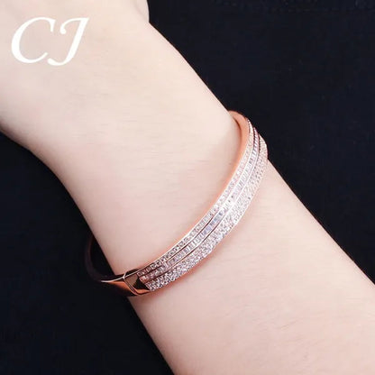 CANDICE New Fashion Simple Unisex Open Bangle Setting Sparkling CZ Stone Rose Gold & White Gold Plated Cuff Bracelet Jewelry For Women Men Couple Gift