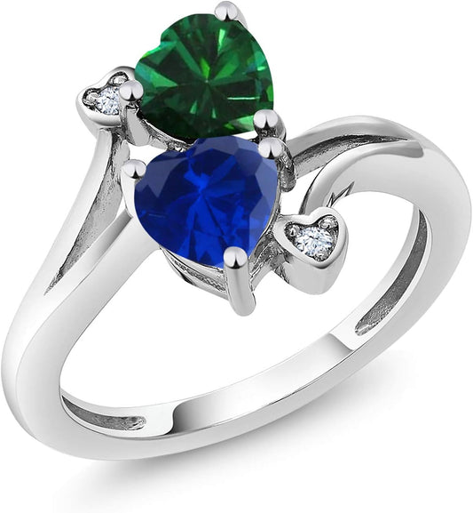 925 Sterling Silver Green Nano Emerald Blue Created Sapphire Ring for Women (1.51 Cttw, Heart Shape 6MM, Gemstone May Birthstone, Available in Size 5, 6, 7, 8, 9) - WORLD TIME VISITS