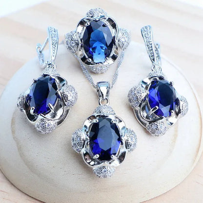 925 Silver Blue/Green/Purple/Rainbow Zirconia Bridal Jewelry Set For Women Bracelet Earrings Pendant Necklace Rings