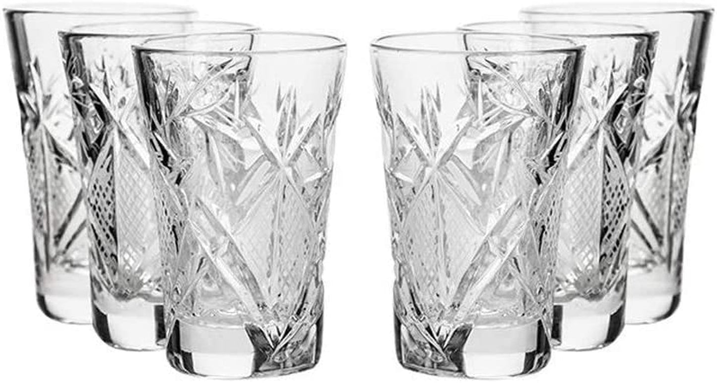 World Gifts Set of 6 Russian Cut Crystal Shot Glasses 1.2 Oz. Hand Made Soviet USSR Vodka Shooters - Vintage Design