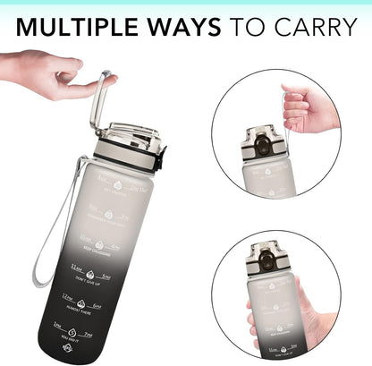 32Oz Motivational Water Bottles with Time Marker and Fruit Strainer, Sports Water Bottle with Times to Drink, Leakproof, Reusable Plastic Bottle with Strap No Straw for Gym, School