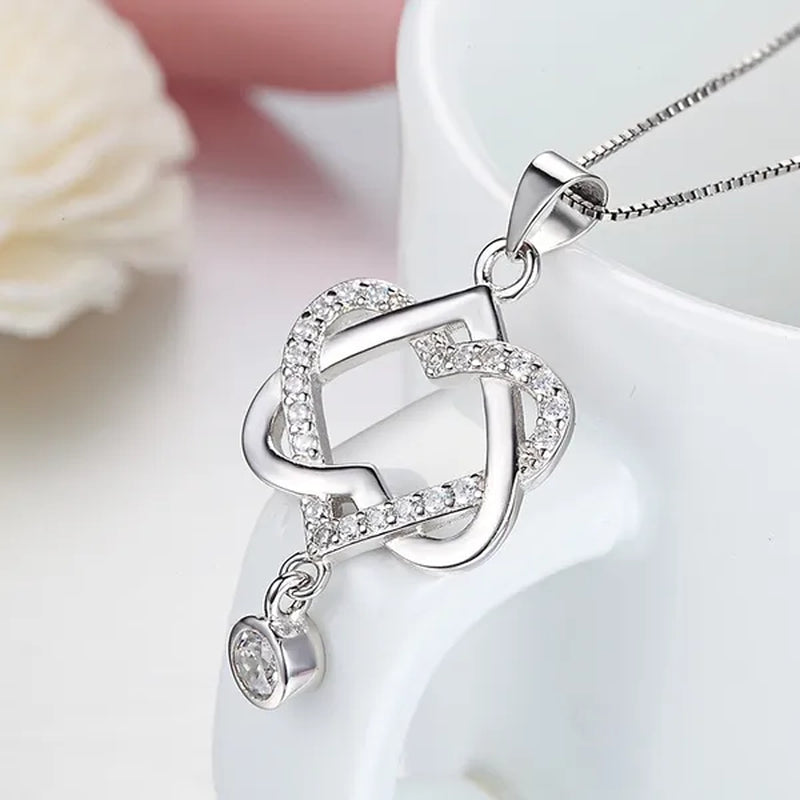 New Fashion 925 Silver  Women Double Heart Diamond Pendant Chain Necklace Jewelry Gifts for Love(Pendant and Chain)
