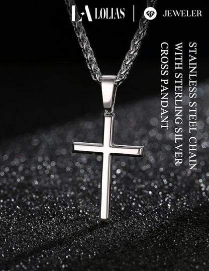 925 Sterling Silver Cross Necklace Men-Removable Silver Cross Pendant with Hypoallergenic 316L Stainless Steel Wheat Chain Crucifix Necklace Jewelry for Mens Women, 16-30 Inches