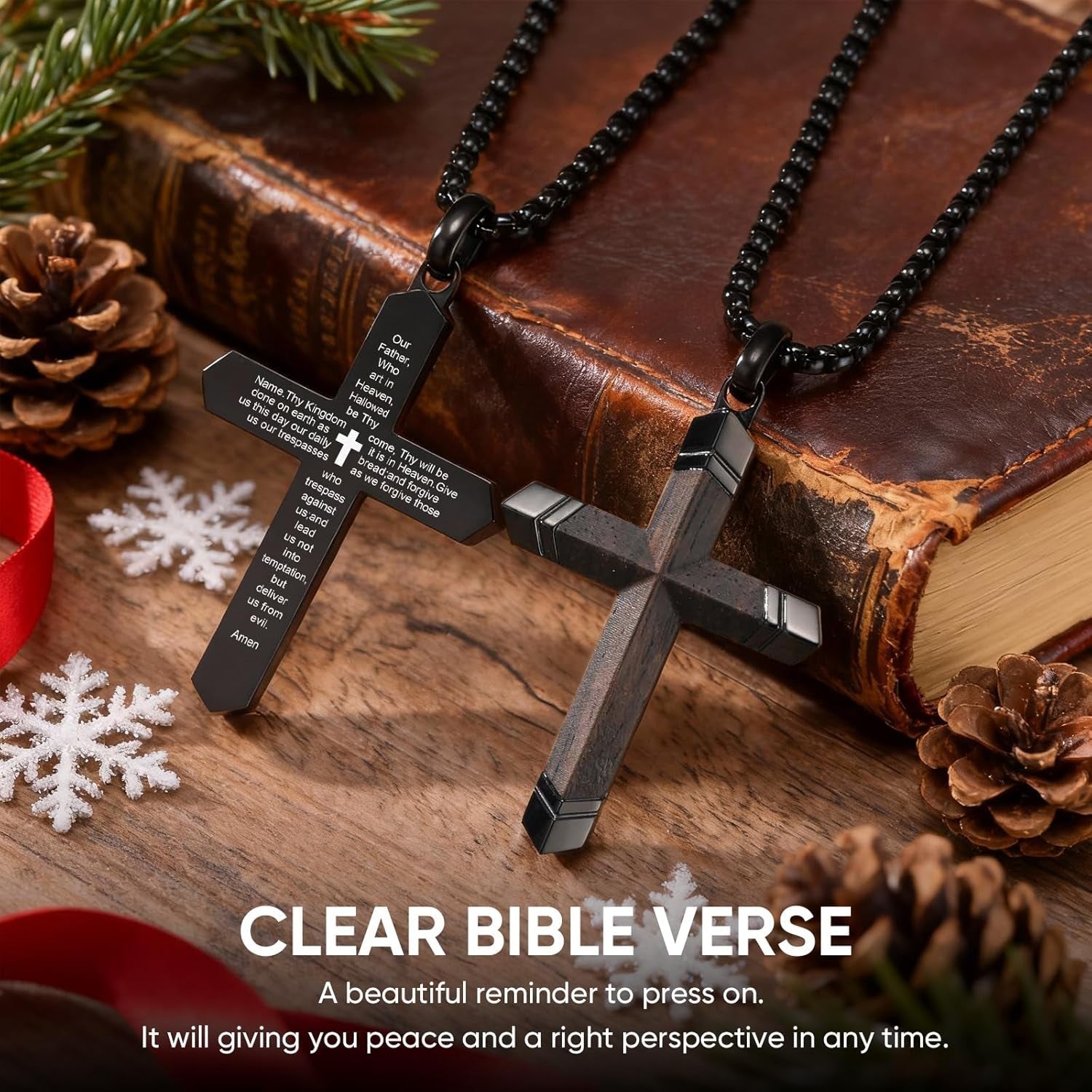 Wooden Cross Bible Verse Necklace for Men, Hawaiian Handmade Real Black Ebony Wood Cross Pendant Stainless Steel Chain, Mens Cross Necklaces Koa Wood Jewelry Christian Baptism Easter Gifts - WORLD TIME VISITS