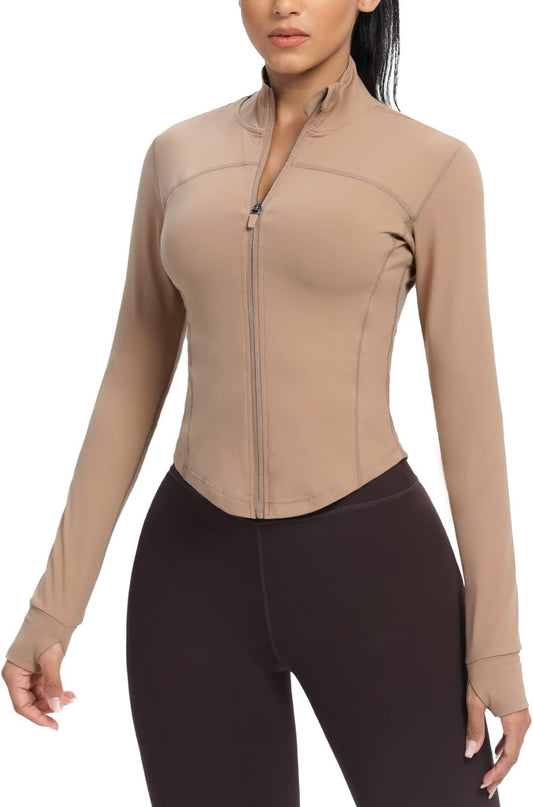 Women'S Cropped Running Workout Jackets Zip Slim Fit Athletic Tops with Thumb Holes - WORLD TIME VISITS