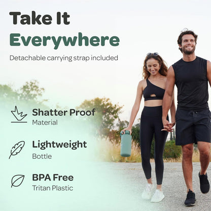 Water Bottle with Time Marker -Large BPA Free Water Bottle & No Sweat Sleeve -Leak Proof Gym Bottle with Fruit Infuser Strainer & Times to Drink -Ideal for Fitness Sports & Outdoors