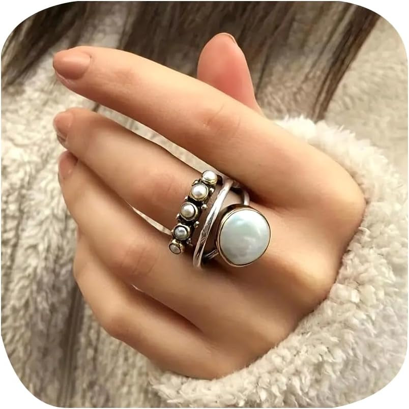 Unique Vintage 10 Mm Simulated Pearl Ring for Women Fake 3-Piece Ring Set 3 Layer Interlocked Ring Entwined Line with Stacking Rings Wedding Band Statement Cocktail Index Finger Rings 10# - WORLD TIME VISITS