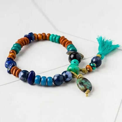 Ethnic Bohemian Tassel Handmade Beaded Bracelet Vintage Natural Gemstone Lapis & Turquoise & Obsidian & Wooden Bead Bangle Bracelets for Women and Men Couple Exquisite Wedding Engagement Christmas Jewelry Gift