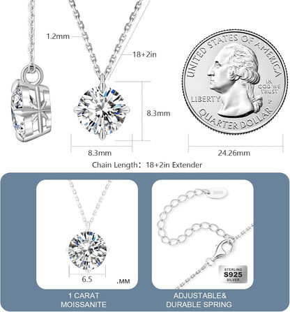 Moissanite Pendant Solitaire Necklace for Women, 0.5CT/1CT/2CT/3CT/4CT Lab Created Diamond with VVS1 Clarity D Color, Adjustable 14K White Gold Plated S925 Sterling Silver Chain for Anniversary Christmas Day Mother'S Day Valentines Gift