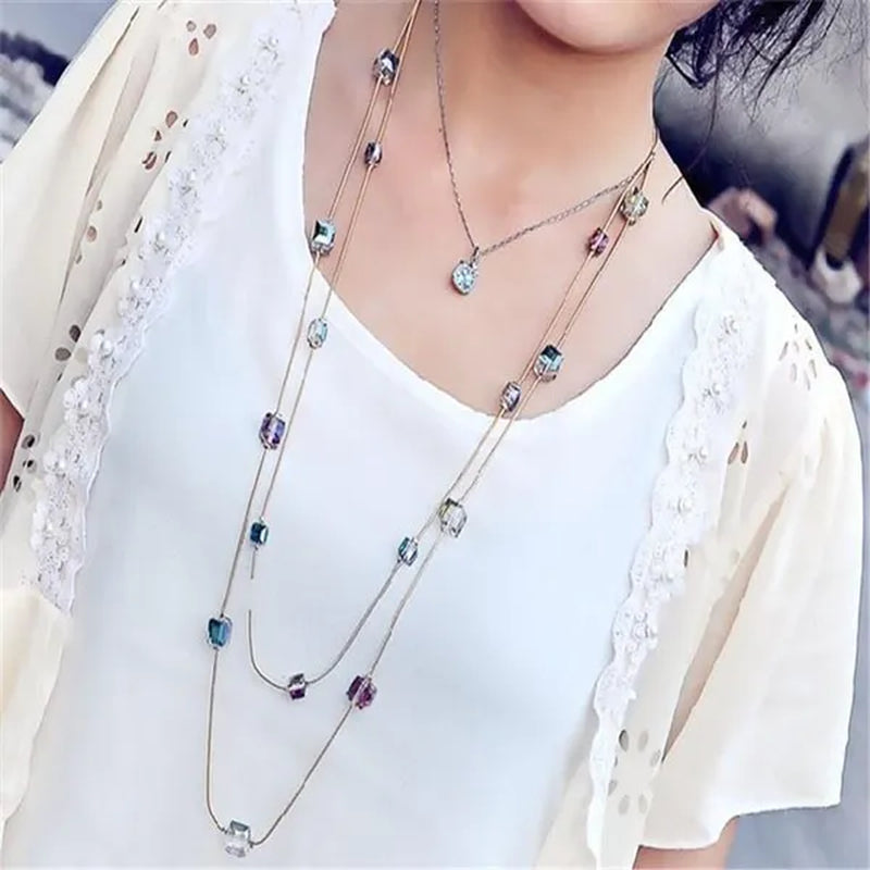 Women'S Square Long Chain Sweater Necklace Fashion Double Long Tassel Necklace - WORLD TIME VISITS