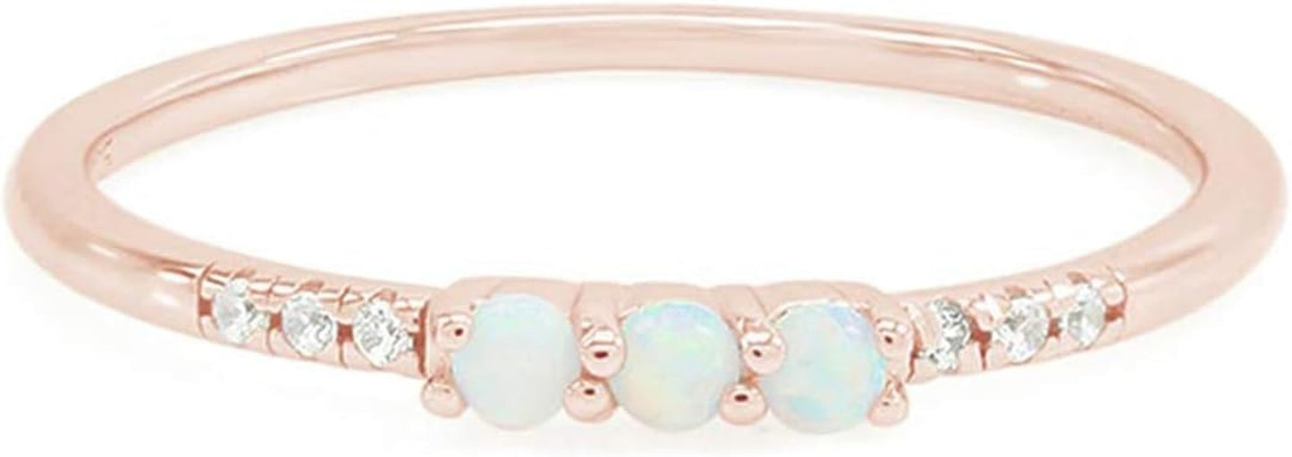 Dainty Stackable Three round Shape Stone, Synthetic Opal Wedding Bridal Engagement Ring Band for Her in 10K Solid Gold or Sterling Silver, Jewelry Gift for Her - WORLD TIME VISITS