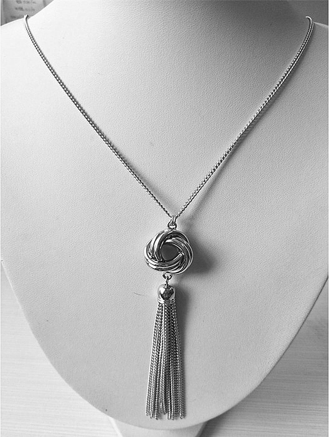Long Tassel Necklace Silver Tone Lovely Knot Tassel Pendant Knot Snake Chain for Women