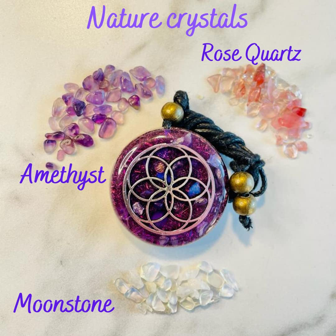 Orgone Necklace by Seed of Life - Healing Crystals - Protection - SBB Coil -Orgonite Pendant Gemstone Amethyst, Moonstone, Rose Quartz, Violet Meditation Yoga, Woman Handmade, Arte Orgones Design