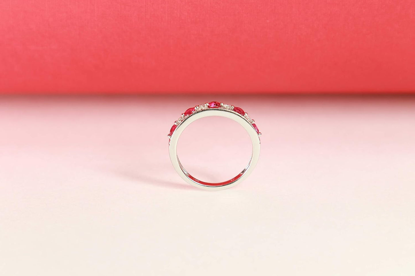 14K White Gold Mozambique Genuine Ruby Ring with Diamonds for Women | Ethically, Authentically & Organically Sourced (Round) Shaped Ruby Hand-Crafted Jewelry for Her | Ruby Ring for Women
