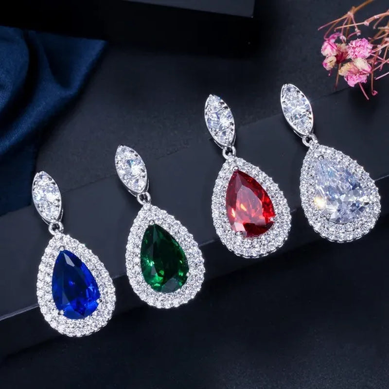 Gloriya Gorgeous Platinum Plated Party Jewelry Paved Indian Red Cubic Zirconia Crystal Big Tear Drop Necklace Earrings Set for Female Evening