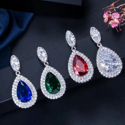 Gloriya Gorgeous Platinum Plated Party Jewelry Paved Indian Red Cubic Zirconia Crystal Big Tear Drop Necklace Earrings Set for Female Evening